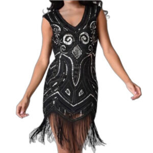 Unique Vintage Black and Gold Sequin Beaded Gatsby 1920s Flapper Dress Small